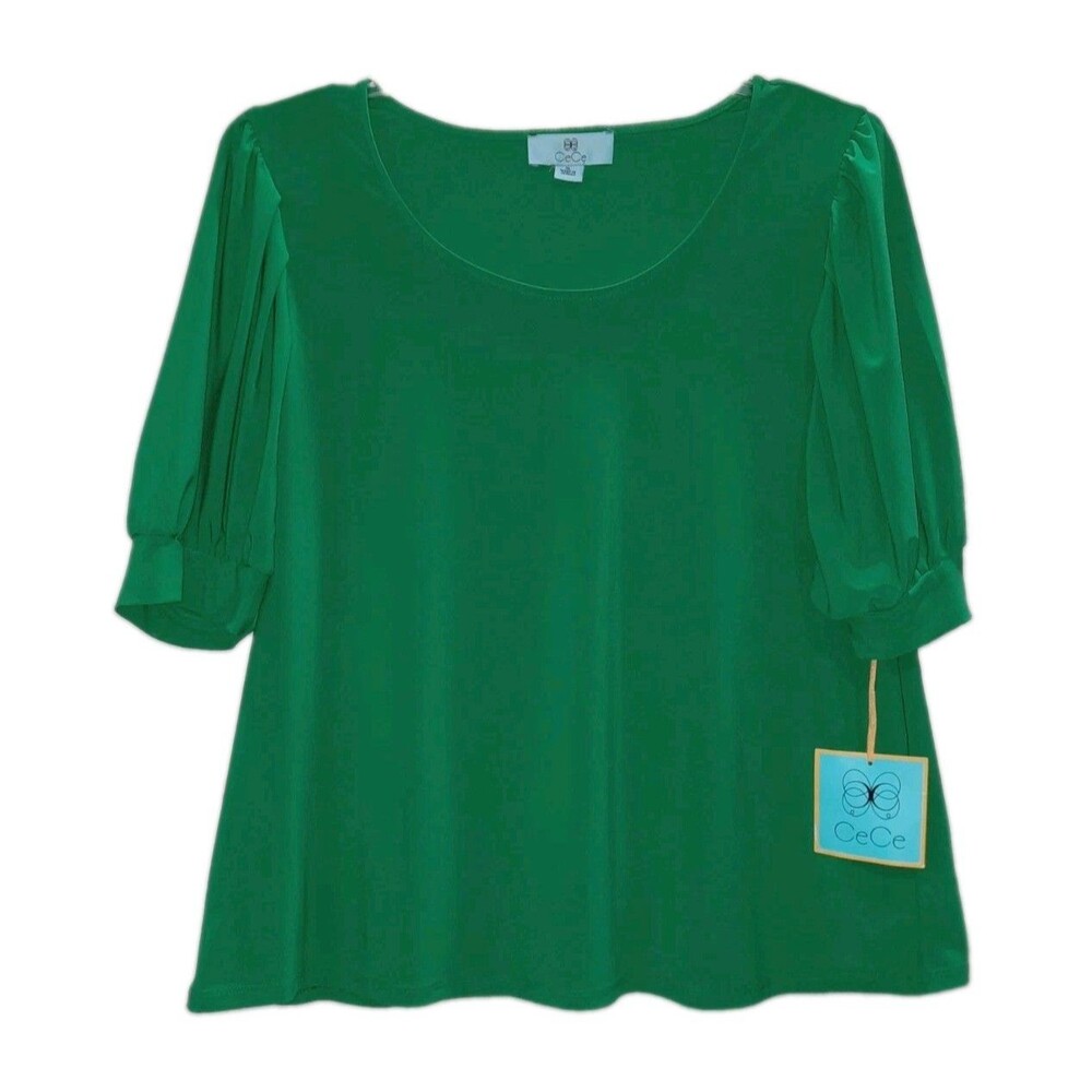 NWT CeCe Green Puff Sleeve Blouse Scoop Neck Knit Cottagecore Top Kelly Green XL